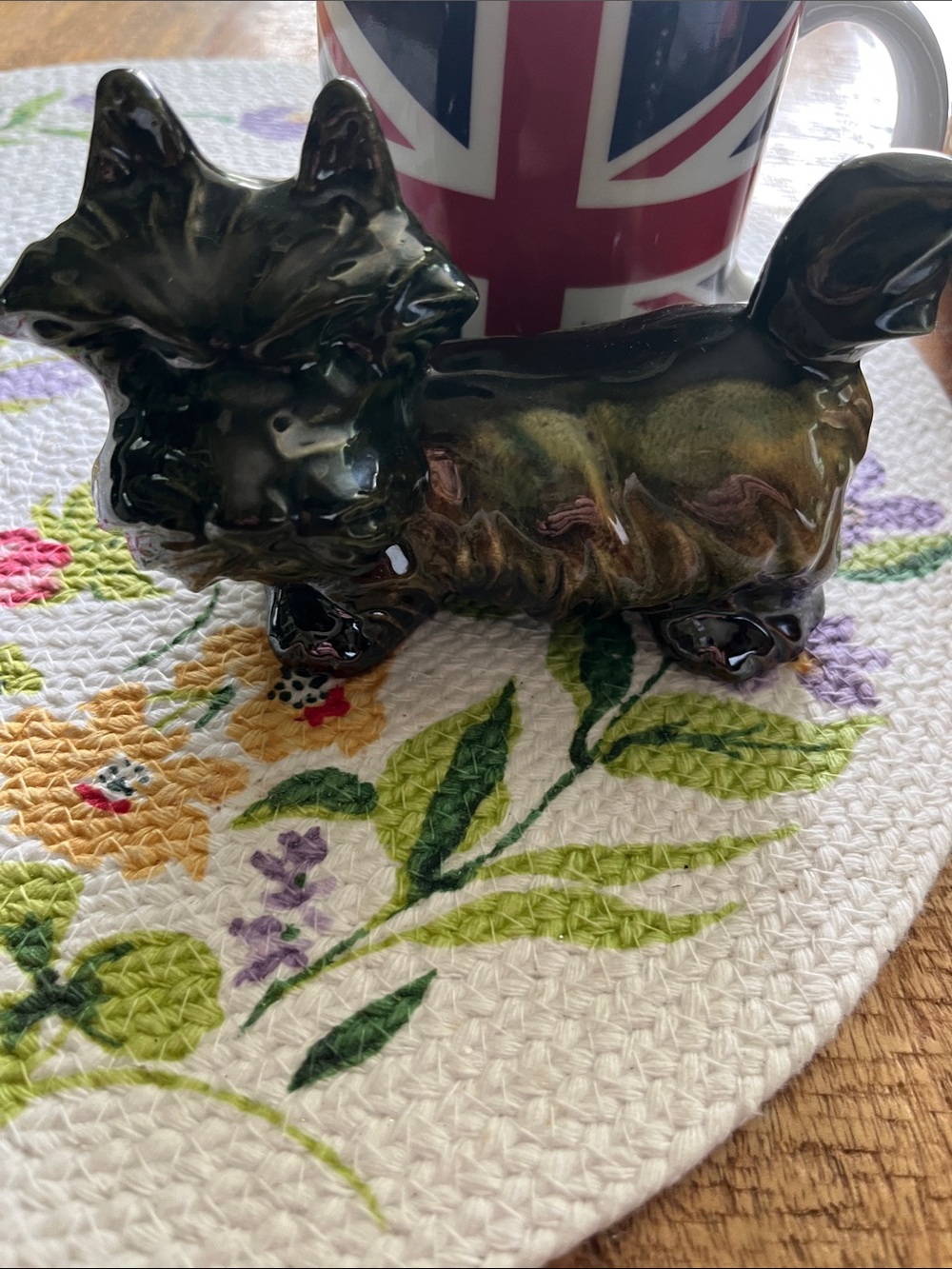 Glossy Ceramic Scottie Dog Figurine in Dark Green and Brown